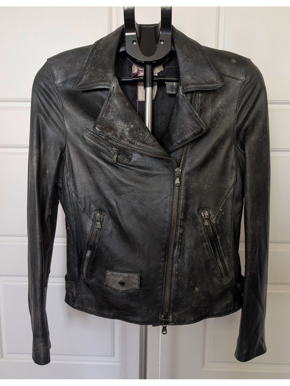 NWT Unfleur CLIO Vera Pelle Distressed Black Italian Leather Jacket 8 US/44 IT